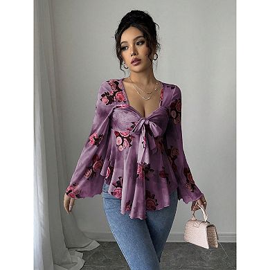 French Sweet Flower Blend Tie Square Collar Irregular Hem Trumpet Long Sleeved Shirt