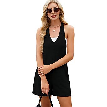 Women's Halter Neck Romper V Neck Backless Loose Fit Short Casual Summer Beach Jumpsuit
