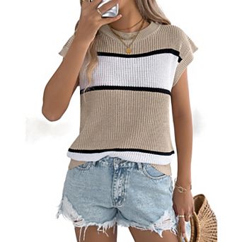 Women's Striped Sweater Knit Summer Top Loose Sleeveless Casual Shirt Vacation Crew Neck Blouse