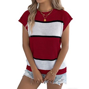 Women's Striped Sweater Knit Summer Top Loose Sleeveless Casual Shirt Vacation Crew Neck Blouse