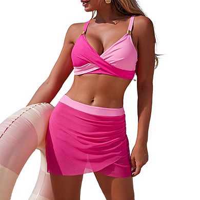 Women's V Neck Twist Front Contrast Strap Top High Waist Mesh Skirt Bikini Set