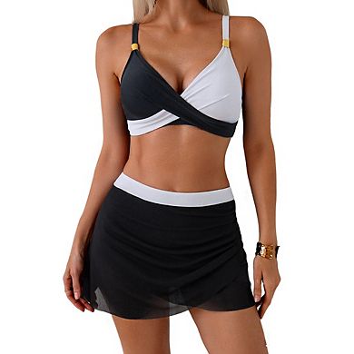 Women's V Neck Twist Front Contrast Strap Top High Waist Mesh Skirt Bikini Set