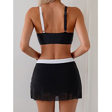 Women's V Neck Twist Front Contrast Strap Top High Waist Mesh Skirt Bikini Set