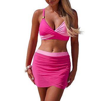 Women's V Neck Twist Front Contrast Strap Top High Waist Mesh Skirt Bikini Set