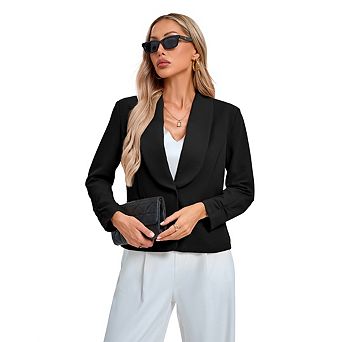 Women's Casual Long Sleeve Open Plate Short Blazer Shawl Collar Slim Fit Lightweight Blazer