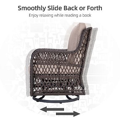 3 Piece Outdoor Bistro Set - All-Weather Wicker Swivel Rocker Chairs with Cushions