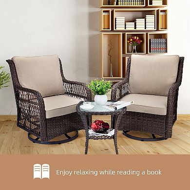 3 Piece Outdoor Bistro Set - All-Weather Wicker Swivel Rocker Chairs with Cushions