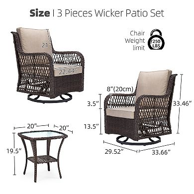 3 Piece Outdoor Bistro Set - All-Weather Wicker Swivel Rocker Chairs with Cushions
