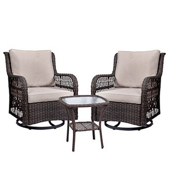 3 pc Outdoor Bistro Set - All-Weather Wicker Swivel Rocker Chairs with Cushions