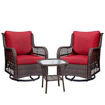 3 pc Outdoor Bistro Set - All-Weather Wicker Swivel Rocker Chairs with Cushions