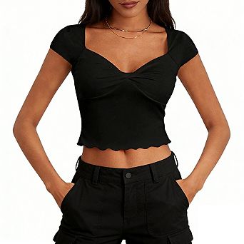 Women's Sweetheart Neck Cap Sleeve Twist Front Ruffled Hem Cropped Top