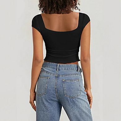 Women's Sweetheart Neck Cap Sleeve Twist Front Ruffled Hem Cropped Top