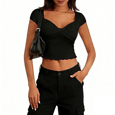 Women's Sweetheart Neck Cap Sleeve Twist Front Ruffled Hem Cropped Top