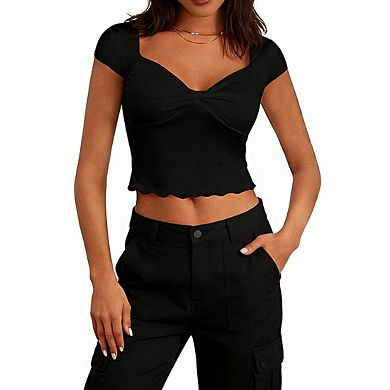 Women's Sweetheart Neck Cap Sleeve Twist Front Ruffled Hem Cropped Top