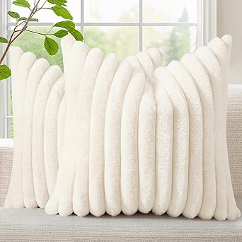 Faux Fur Striped Pillow Covers 18x18 Set of 2 Cream White