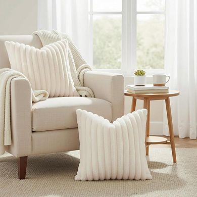 Faux Fur Striped Pillow Covers 18x18 Set of 2 Cream White