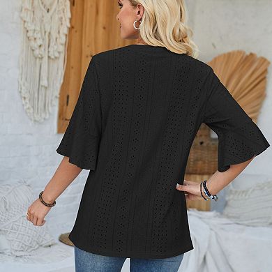 Women's V Neck T Shirts Hollow Out Casual Half Sleeve Tops Loose Fit Basic Summer Tees