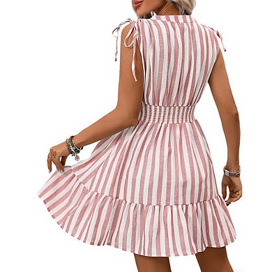 Women's Sleeveless Button Front Tie Shoulder Striped Smocked Waist Tiered Ruffle Mini Dress
