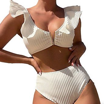 Women's Deep V Neck Ruffle Strap Ribbed Texture High Waist Bikini Set