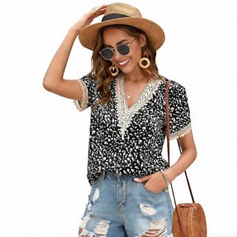 Women's V-Neck Floral Print Blouse, Lace Trim Short Sleeve Casual Top