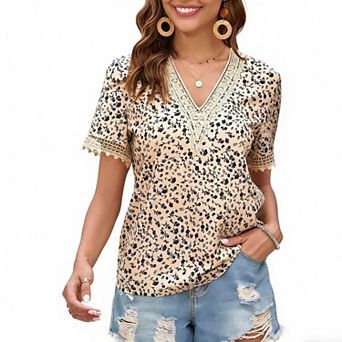 Women's V-Neck Floral Print Blouse, Lace Trim Short Sleeve Casual Top