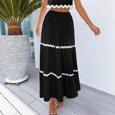Women's Simple Wave Edge Bohemian Style Flowy A-Line Maxi Skirt