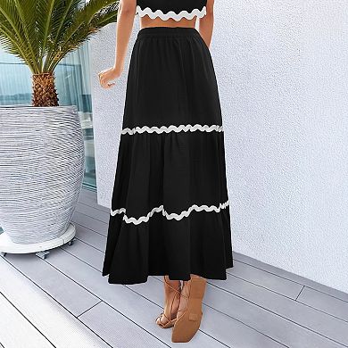 Women's Simple Wave Edge Bohemian Style Flowy A-Line Maxi Skirt