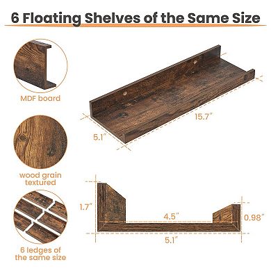 Set of 6 Floating Wall Shelf Sets Wood Mounted Decor Storage Picture Ledge