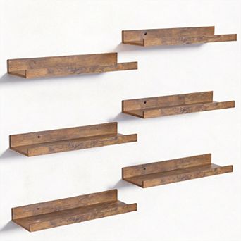 Set of 6 Floating Wall Shelf Sets Wood Mounted Decor Storage Picture Ledge