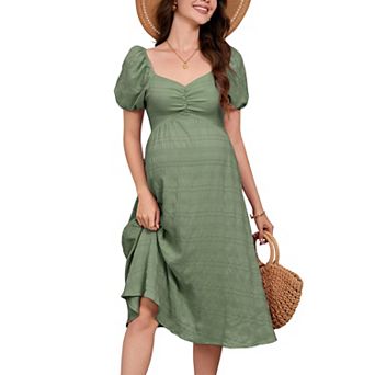 Maternity Midi Dress Women Puff Sleeve Sweetheart Neck Back Tie Textured Casual Summer Dress