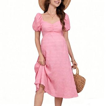 Maternity Midi Dress Women Puff Sleeve Sweetheart Neck Back Tie Textured Casual Summer Dress