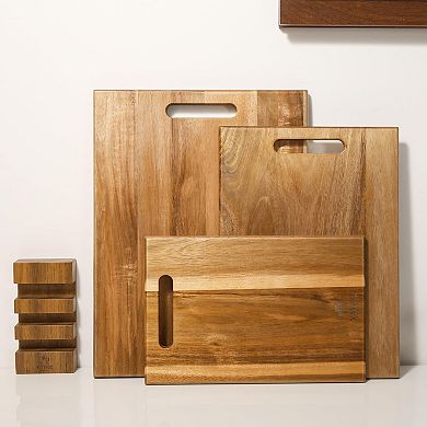 Set of 3 Acacia Wood Cutting Boards with Handle for Meat, Fruit, Veggies, and Cheese