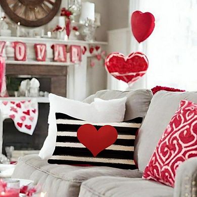 Valentines Outdoor Pillow Covers 12x20 Waterproof Red Heart Striped