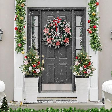 27″ 2 Pack Outdoor Artificial Christmas Trees with 60 LED Lights for Patio Holiday Decor