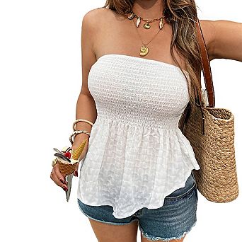 Women's Sleeveless Smocked Lightweight Casual Peplum Crop Top with Asymmetric Hem