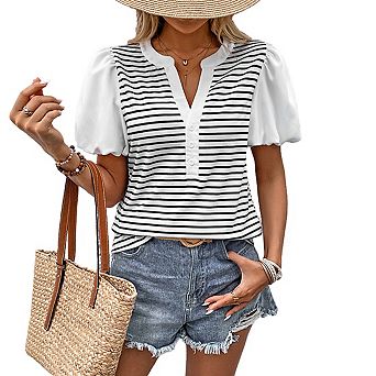 Women's V Neck Puff Short Sleeve Striped Button Front Casual Top