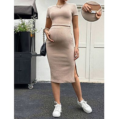 Maternity Crew Neck Short Sleeve Ribbed Crop Top Set Expandable Waist Side Slit Midi Skirts