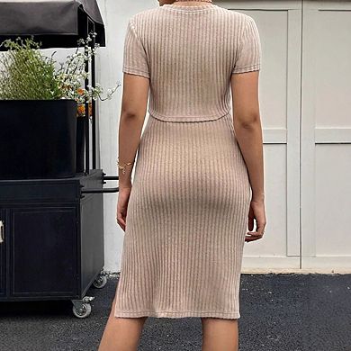 Maternity Crew Neck Short Sleeve Ribbed Crop Top Set Expandable Waist Side Slit Midi Skirts