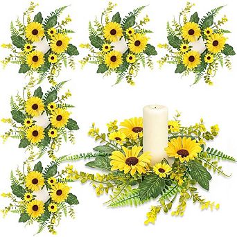 6 pc Sunflower Wreath Candle Rings, Yellow Spring Summer Table Decor