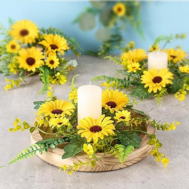 6 Pcs Sunflower Wreath Candle Rings, Yellow Spring Summer Table Decor