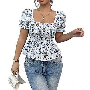 Women's Square Neck Puff Short Sleeve Floral Print Smocked Waist Peplum Top