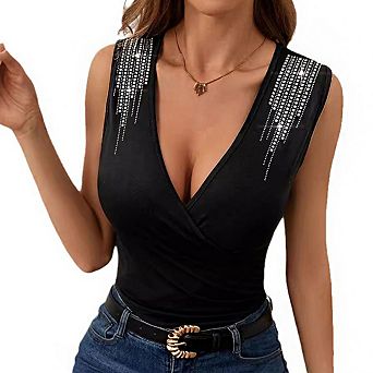 Women's V Neck Sleeveless Wrap Front Stretchy Casual Slim Fit Top