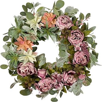 24" Spring Peony Wreath with Succulents for Front Door, Summer Floral Decor