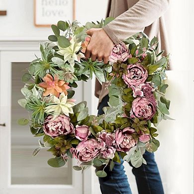 24" Spring Peony Wreath with Succulents for Front Door, Summer Floral Decor