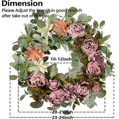 24" Spring Peony Wreath with Succulents for Front Door, Summer Floral Decor