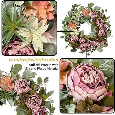 24" Spring Peony Wreath with Succulents for Front Door, Summer Floral Decor