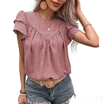 Women's Ruffle Short Sleeve Summer Blouse Polka Dot Print Casual Flowy Top Crew Neck Feminine Shirt