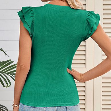 Women's V Neck Ruffle Cap Sleeve Ribbed Knit Stretchy Casual Slim Fit Top