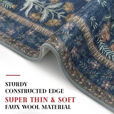 Boho 2x3 Entryway Rug Navy Floral, Super Thin, Non-Slip, Soft Area Rug