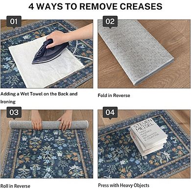 Boho 2x3 Entryway Rug Navy Floral, Super Thin, Non-Slip, Soft Area Rug